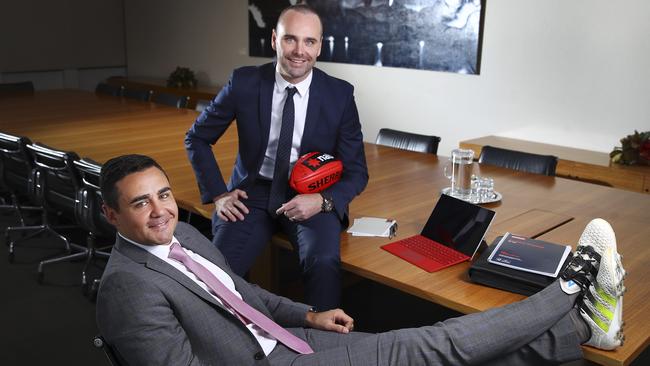 Travis Dodd, former A-League and Socceroos player and Alistar McEwin, former SANFL player for Sturt FC, now work for NAB. Picture: Sarah Reed