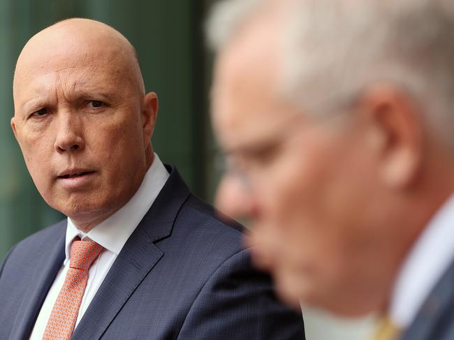 CANBERRA, AUSTRALIANewsWire Photos MARCH 01, 2022: Prime Minister Scott Morrison with Defence Minister Peter Dutton met with the national security committee of cabinet on Ukraine and the Australian floods, and then spoke to media at a press conference at Parliament House in Canberra.Picture: NCA NewsWire / Gary Ramage