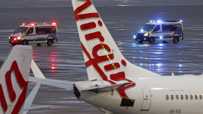 Ambulances on the tarmac at Melbourne’s main airport. Picture: Darrian Traynor/Getty Images