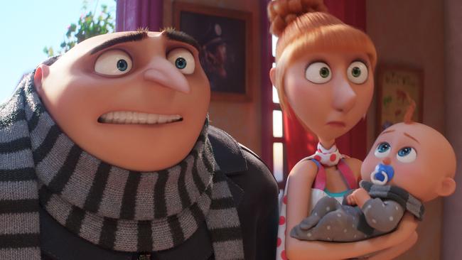 (from left) Gru (Steve Carell), Lucy (Kristen Wiig) and Gru Jr. in Despicable Me 4, directed by Chris Renaud.