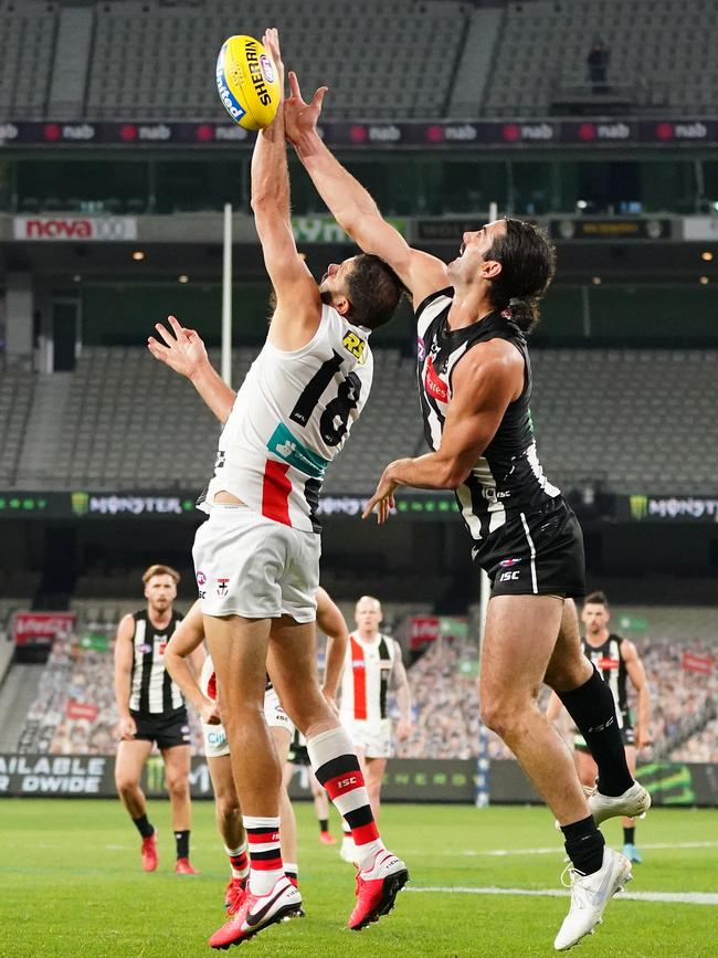 Paddy Ryder of the Saints and Grundy on Saturday. Picture: AAP