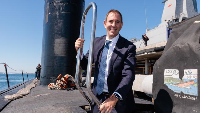 Jim Chalmers aboard the USS Asheville in WA. Picture: AAP