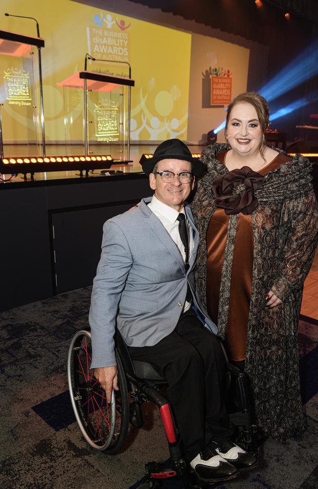 Entertainer Tony Dee with MC Kim Stokes at the Business disAbility Awards of Australia at Edmund Rice Cultural Centre, Saturday, May 17, 2025. Picture: Kevin Farmer