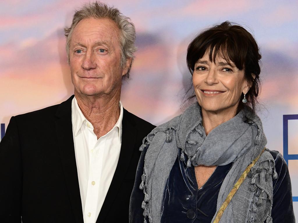(L-R) Actor Bryan Brown and wife actress Rachel Ward are seen during the premiere of the Australian film Palm Beach, at the Cremorne Orpheum, Sydney, Thursday, August 1, 2019. (AAP Image/Bianca De Marchi) NO ARCHIVING