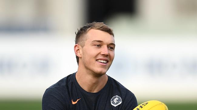 Blues superstar Patrick Cripps was tagged superbly by young stopper Dylan Clarke. Pic. Getty Images.