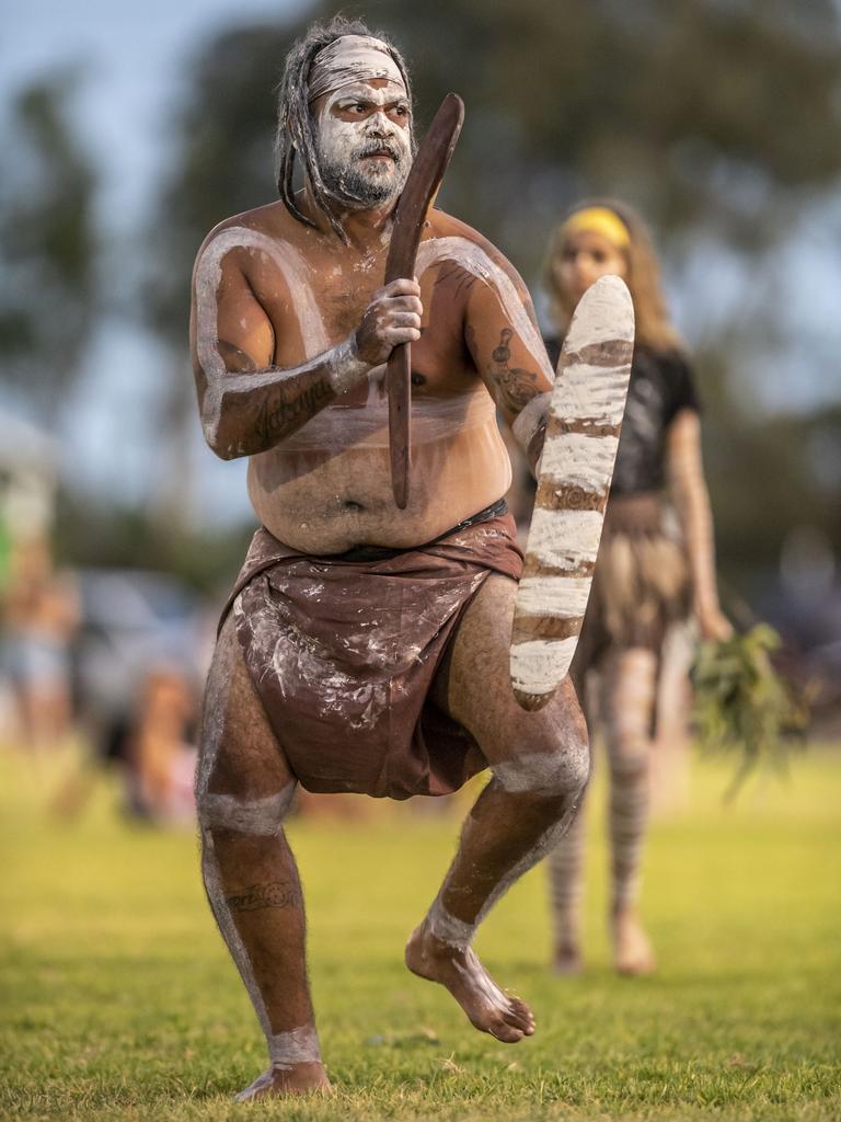 Thulaida takes part in the smoking ceremony and dance by Murabirigururu Aboriginal Dancers. 2023 TRL Cultural Cup, SW Qld Emus vs Pacific Nations Toowoomba. Saturday, February 25, 2023. Picture: Nev Madsen.