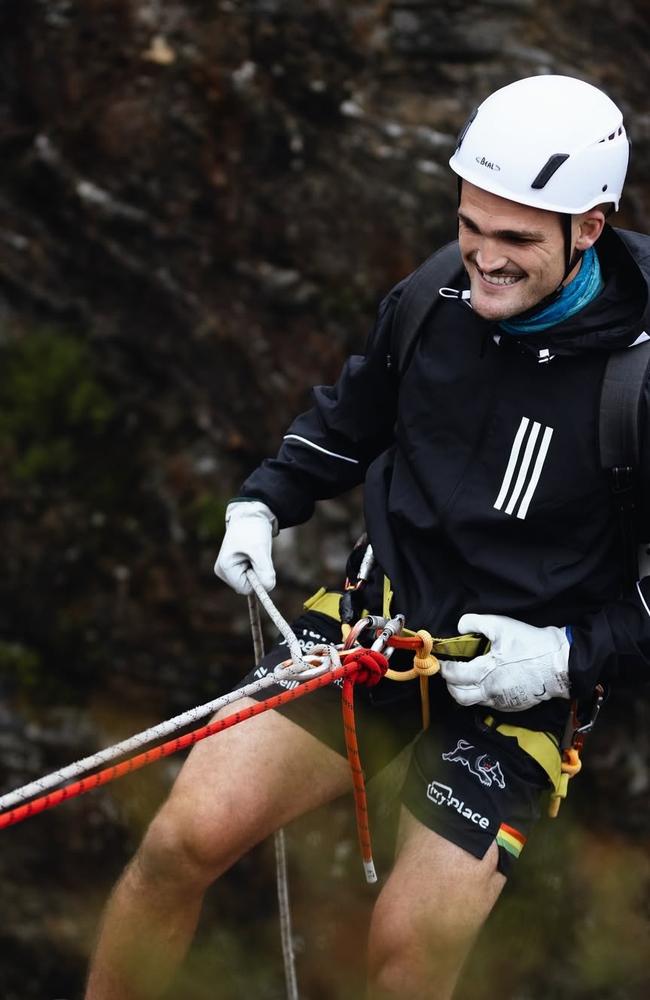 Nathan Cleary takes on abseiling during Panthers pre-season camp. Photo: Penrith Panthers