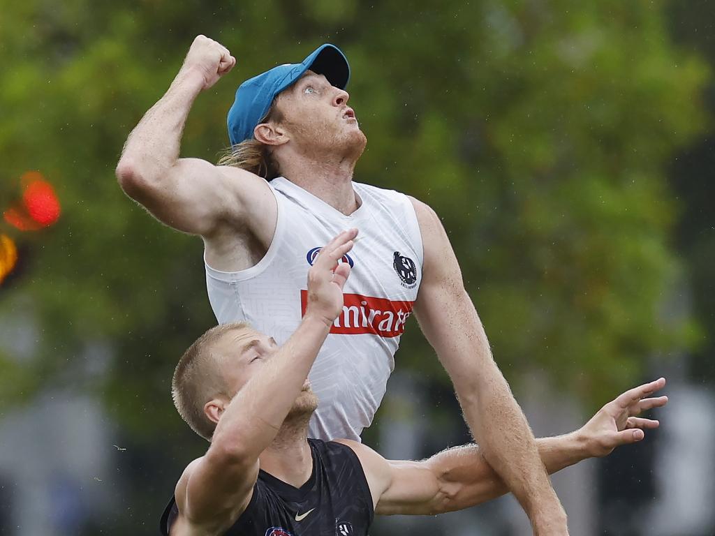 Nathan Murphy attempts a spoil at training. Picture: Michael Klein