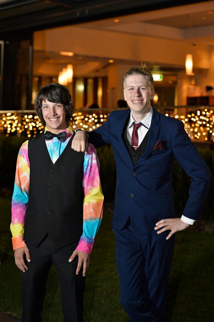 Aaron Thies-Bulman (left) and Liam Kerr have a ball graduating at Toowoomba Flexi School formal at Empire Theatres, Thursday, November 9, 2017. Picture: Kevin Farmer