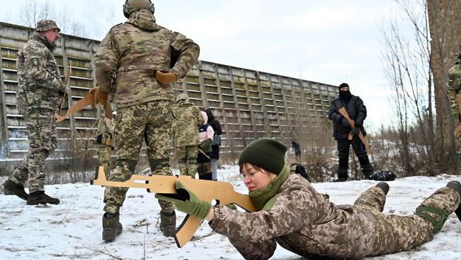 Ukrainian Territorial Defense Forces, the military reserve of the Ukrainian Armes Forces, take part in a military exercise near Kiev. Picture: AFP.
