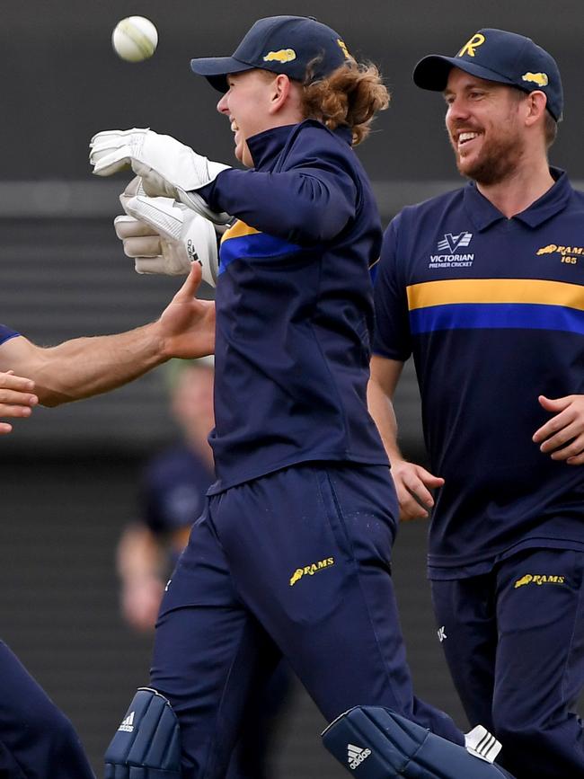 Josh Hartill celebrates a wicket for Ringwood. Picture: Andy Brownbill