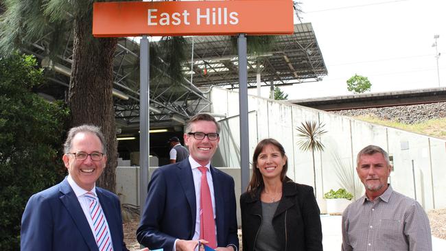 Ku-ring-gai state MP Alister Henskens, Treasurer Dominic Perrottet, Liberal candidate for East Hills Wendy Lindsay and East Hills state Liberal MP Glenn Brookes announcing the new lifts at East Hills station on Wednesday.
