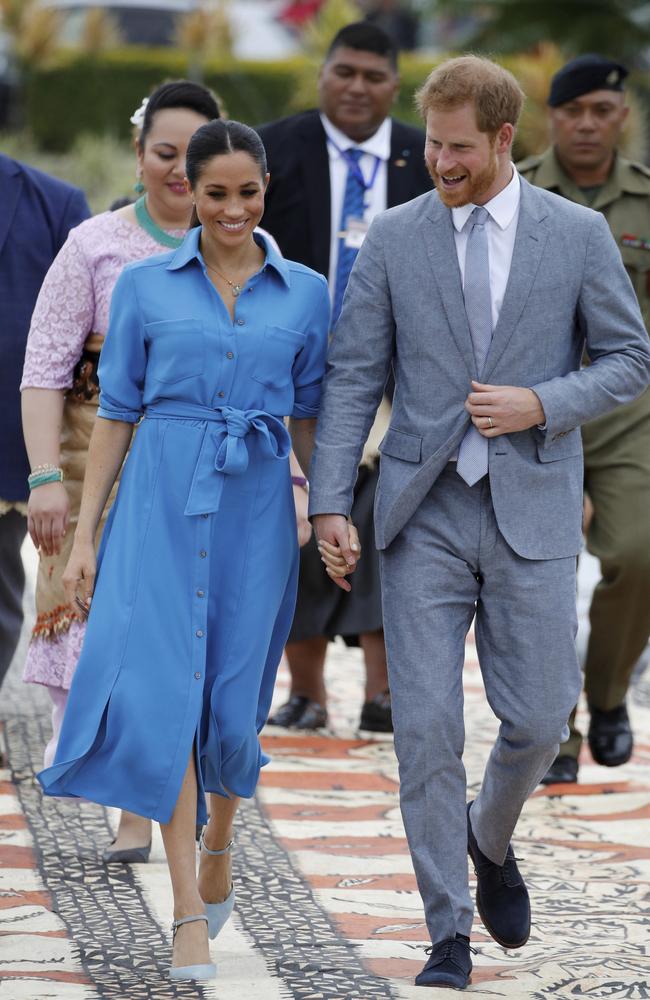 Outfit change! Meghan Markle and Prince Harry seen today at Fua'amotu International Airport, Tonga. Picture: AP