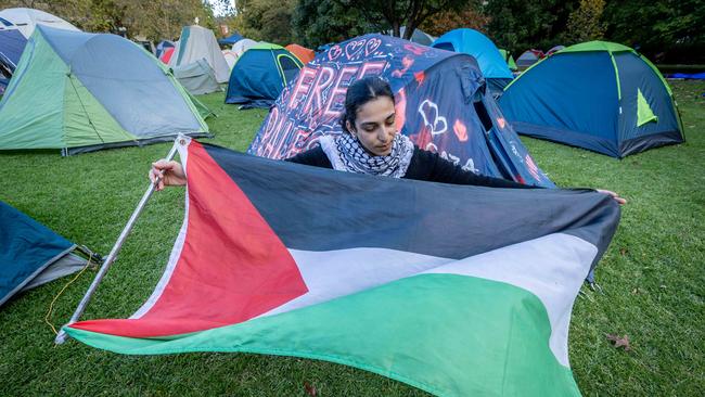 Pro-Palestine protesters camped at the University of Melbourne. Picture: Jake Nowakowski