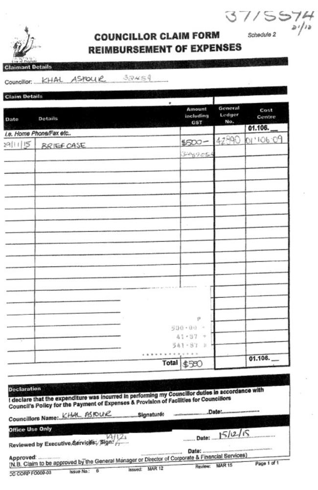 Mr Asfour claimed $500 on a briefcase in 2015. Councillors are allowed to claim up to $500 on a briefcase or portfolio for every term they serve. Picture: NSW parliament