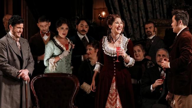 John Longmuir as Gastone, Nicole Car as Violetta Valéry and Ji-Min Park as Alfredo Germont in Opera Australia's 2018 production of La Traviata at the Sydney Opera House. Picture: Prudence Upton