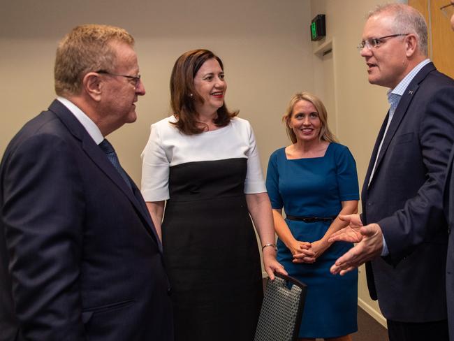 Prime Minster Scott Morrison (right) with (left to right) Australian Olympic Committee President John Coates, Queensland Premier Annastacia Palaszczuk and Tourism Minister Kate Jones. Picture: AAP/Brian Cassey