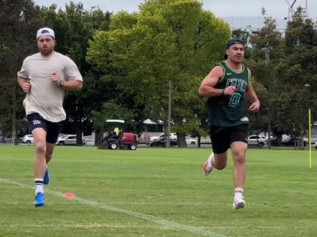 Storm big guns Cameron Munster and Jahrome Hughes back training ahead of schedule. Picture: Storm Instagram