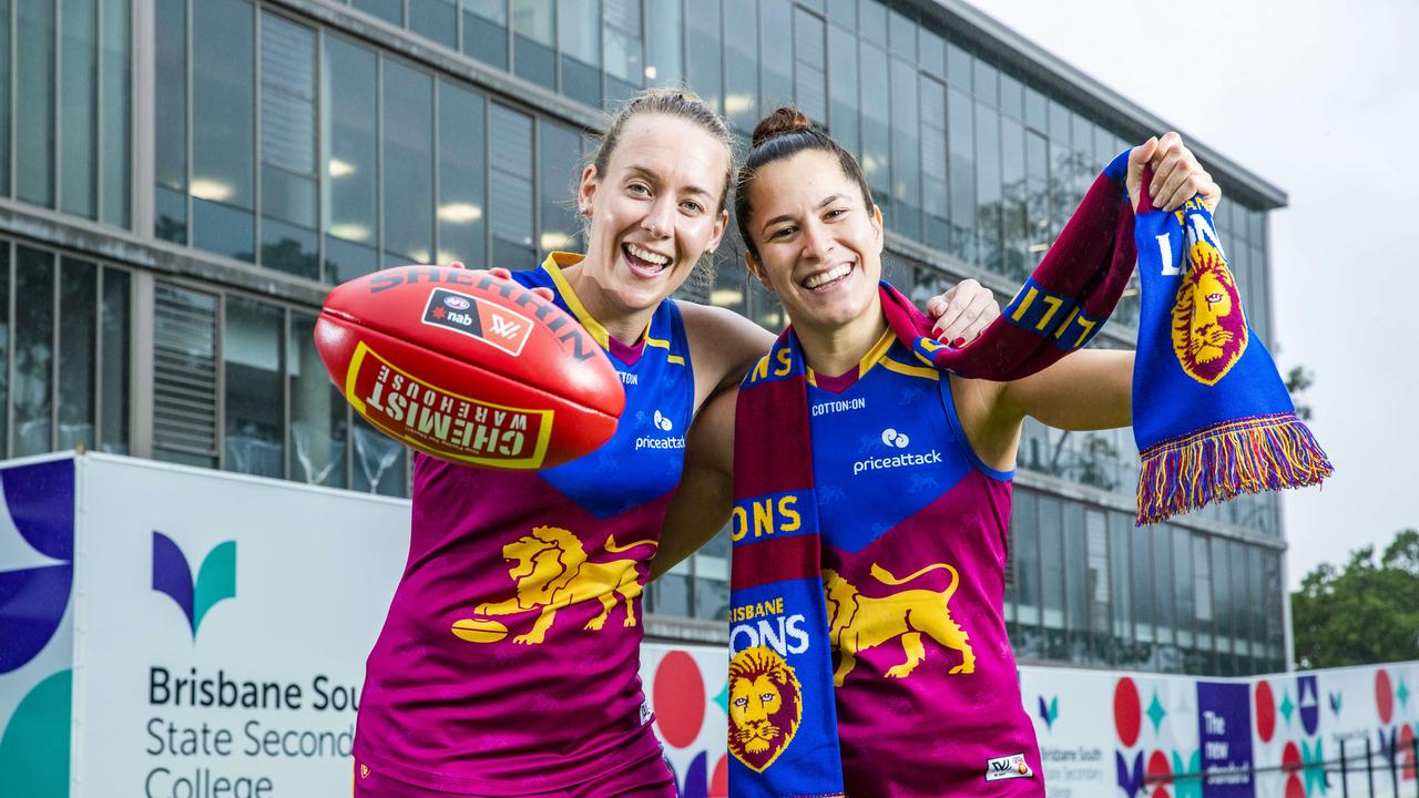 Lauren Arnell (L) pictured with then-Brisbane Lions teammate Ally Anderson. Picture: Richard Walker