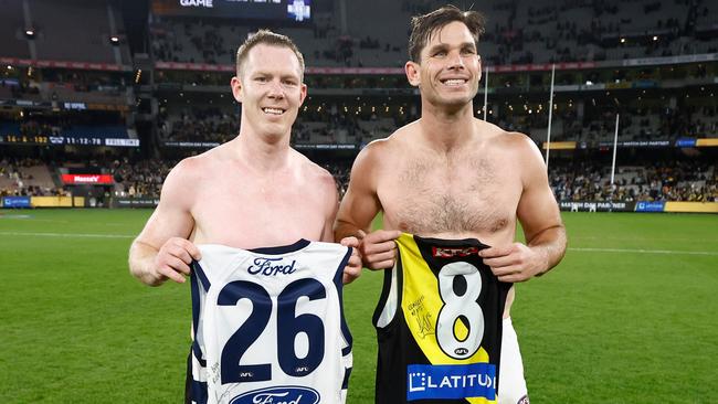 MELBOURNE, AUSTRALIA - MAY 12: Jack Riewoldt of the Tigers and Tom Hawkins of the Cats swap jumpers after the 2023 AFL Round 09 match between the Richmond Tigers and the Geelong Cats at the Melbourne Cricket Ground on May 12, 2023 in Melbourne, Australia. (Photo by Michael Willson/AFL Photos via Getty Images)