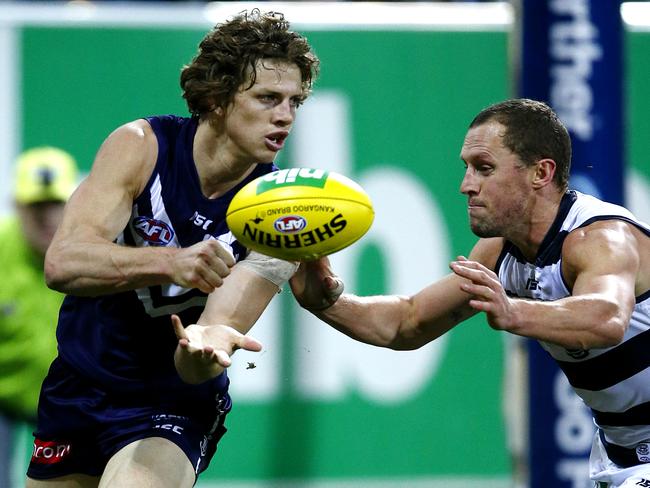 Nat Fyfe battled a shoulder injury all game. Picture: Wayne Ludbey