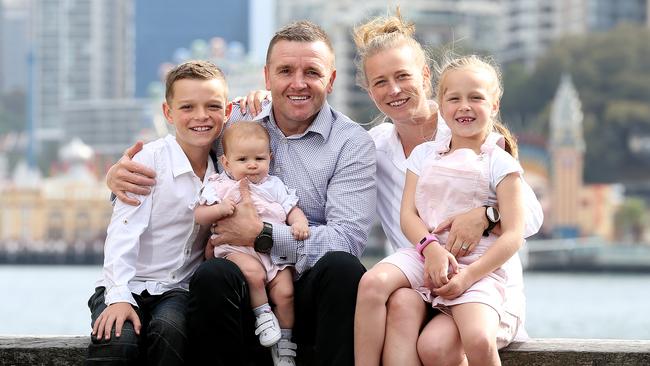 Melanoma survivor Jay Allen with his wife Janine and kids Jaxon 10, Charli, 7 and Chloe, 4-months-old will walk from Adelaide to Sydney to raise awareness and funds for melanoma research. Picture: Toby Zerna