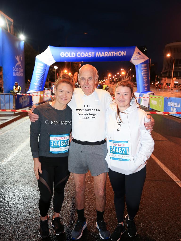 Christina hunt, 33, Victor Williams, 92 and Pam Venables, 24, prior to the ten kilometre run at the Gold Coast Marathon on Saturday. Picture: Tim Marsden.