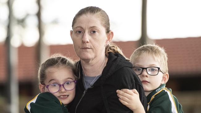 Michelle and her two children, Tallica, 6, and Zeppelin, 5, in Cedars Park, Claremont Meadows. Picture: Daily Telegraph/ Monique Harmer