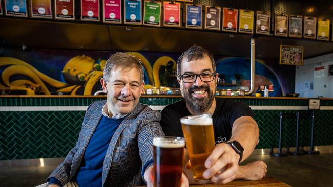 Duxton Pubs co-founder Ed Peter and Little Bang co-founder Ryan Davidson, celebrate Duxton puubs acquiring Little Bang, on June 27th, 2022, in Stepney. Picture: Tom Huntley