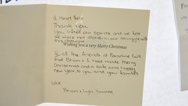 A touching Christmas card from a struggling farming family to the volunteers. Picture: Dylan Robinson