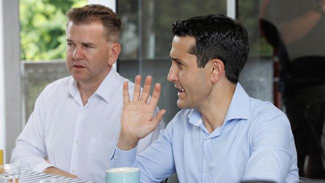 Jarrod Bleijie and David Crisafulli having coffee in Ipswich on Sunday morning. Picture Lachie Millard