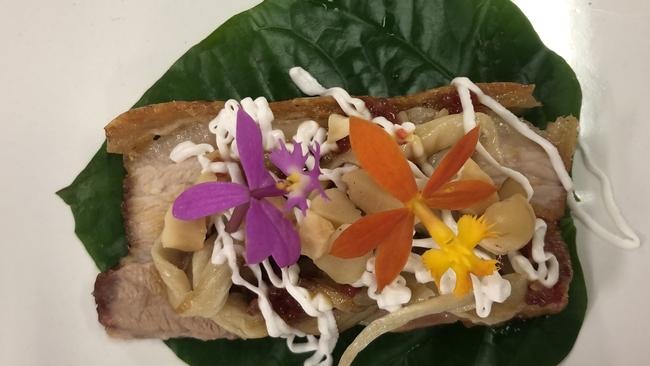 One of the six dishes on show, the Betel Leaf, Crispy Pork Belly, Pickled Oyster Mushrooms, Coconut Yoghurt, Macadamia and Finger Lime. Yum!