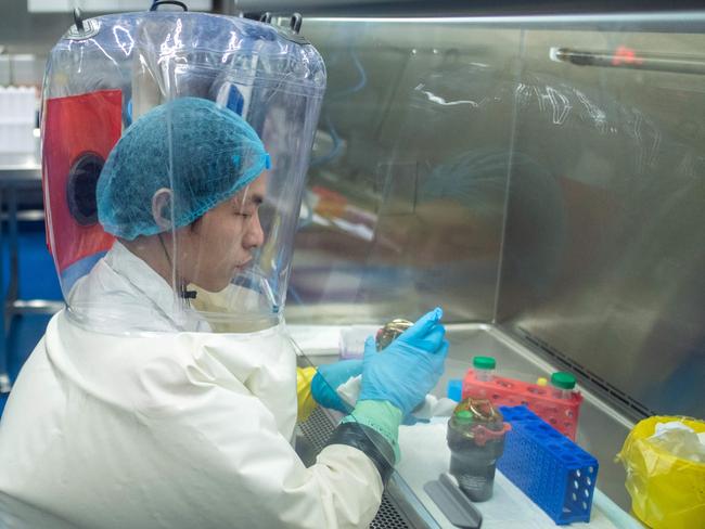 (FILES) This file photo taken on February 23, 2017 shows a worker inside the P4 laboratory in Wuhan, the capital of China's Hubei province. - The Chinese biosafety laboratory accused by top US officials of being at the origin of the coronavirus pandemic studies the world's most dangerous diseases, with researchers who investigate viruses that live in bats. (Photo by Johannes EISELE / AFP) / TO GO WITH Health-virus-China-lab,Q&A by Beiyi Seow