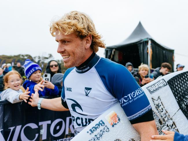 BELLS BEACH, VICTORIA, AUSTRALIA - APRIL 22: Xavier Huxtable surfs in Heat 6 of the Opening Round at the Rip Curl Pro Bells Beach on April 22, 2025 at Bells Beach, Victoria, Australia. (Photo by Ed Sloane/World Surf League)