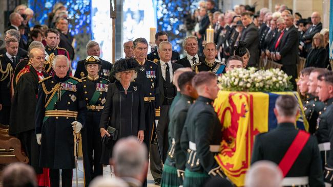 Sophie, Countess of Wessex, right, Prince Edward, Prince Andrew, Vice-Admiral Timothy Laurence, Camilla, Queen Consort, Princess Anne and King Charles attend the Service of Prayer and Reflection for the Life of Queen Elizabeth II at St Giles' Cathedral in Edinburgh. Picture: Getty Images