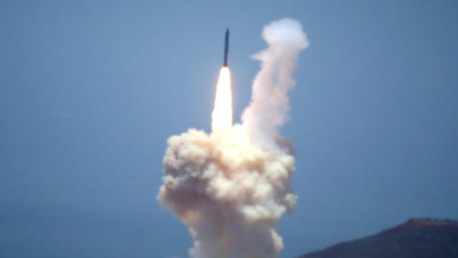 The Ground-based Midcourse Defense (GMD) element of the U.S. ballistic missile defense system launches during a flight test from Vandenberg Air Force Base, California, today. Picture: Lucy Nicholson/Reuters