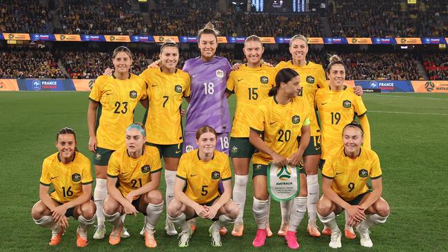 MELBOURNE, AUSTRALIA - JULY 14: Matildas players pose for a team photograph during the International Friendly match between the Australia Matildas and France at Marvel Stadium on July 14, 2023 in Melbourne, Australia. (Photo by Robert Cianflone/Getty Images)