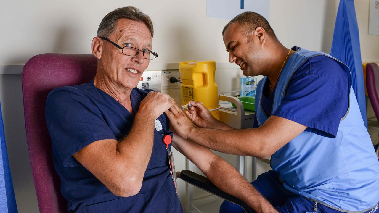 Frontline workers like registered nurse Subash Chapagai have been the first to get the vaccine in Australia. Picture: NCA NewsWire/Brenton Edwards