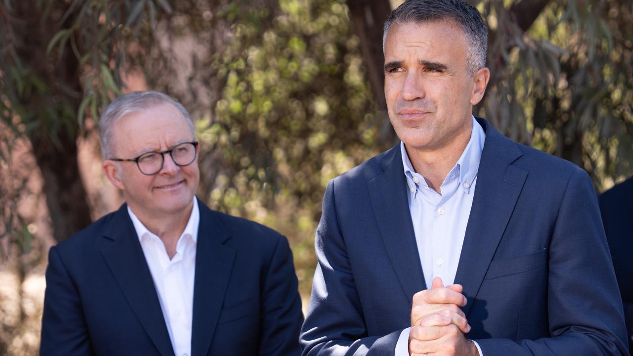 Premier Peter Malinauskas addresses the media during a visit to the Whyalla steelworks with Prime Minister Anthony Albanese. Picture: Tim Joy