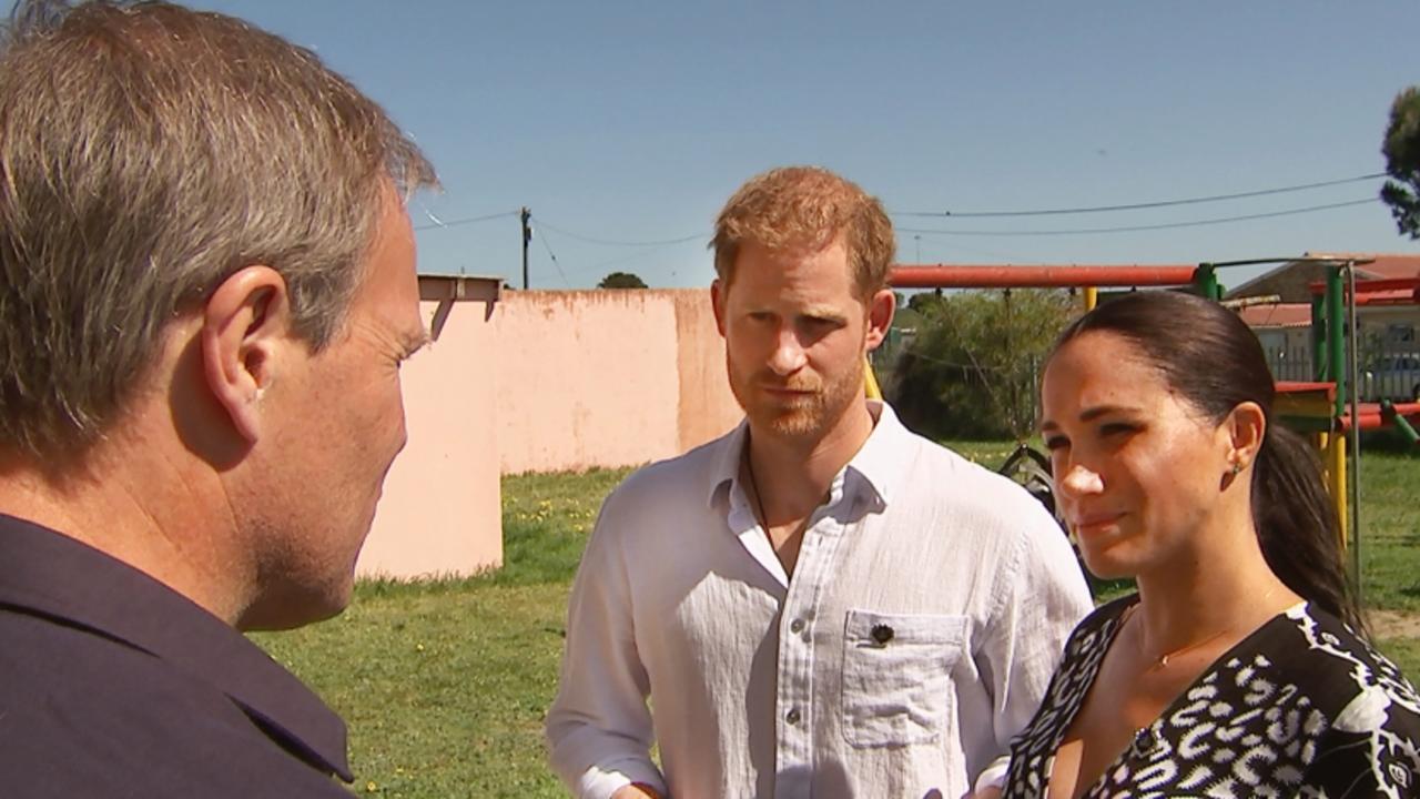 Tom Bradby with Harry and Meghan in South Africa. Picture: ITV