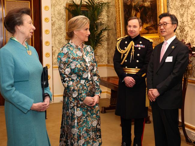 Anne, Princess Royal (L) and Sophie, Duchess of Edinburgh talk with Major General Eldon Millar (C), and at a reception for Korean War veterans, to mark the 70th anniversary of the Korean War. Picture: AFP