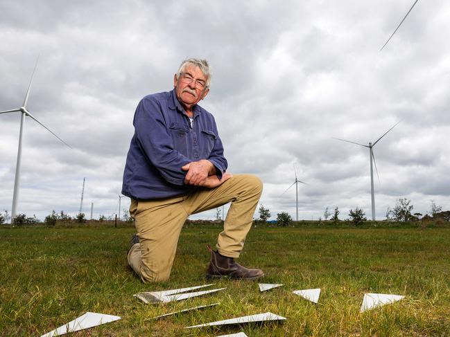 Barunah Park farmer Russell Coad had parts from turbines in the Golden Plains Wind Farm fly onto his property during high winds. Picture: Mark Stewart