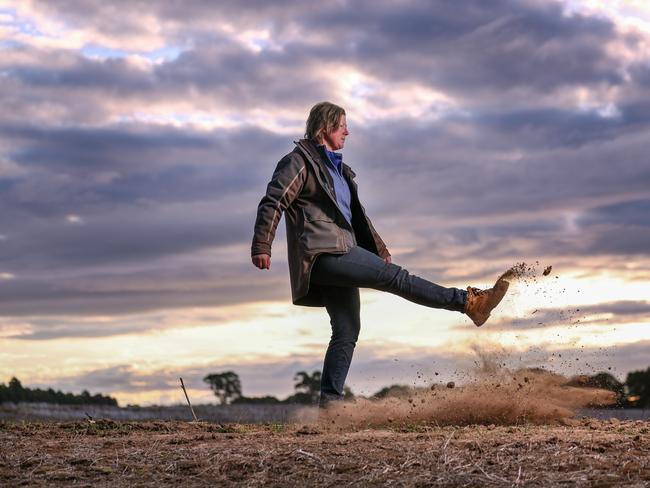 Western Victoria Green Drought. Farmer Kathryn Robertson with dryer than usual soil, on her property near Hamilton in Western Victoria. Picture: Alex Coppel