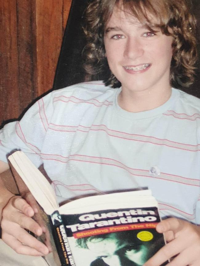 Gabriel Bergmoser reading a Quentin Tarantino biography at age 14.