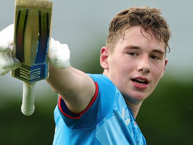 LOUGHBOROUGH, ENGLAND - JUNE 24:  Rocky Flintoff of England U19's celebrates after scoring a century during the Invitational XI match between England U19's and Young Lions Invitational XI match at Haslegrave Ground on June 24, 2024 in Loughborough, England. (Photo by David Rogers/Getty Images)