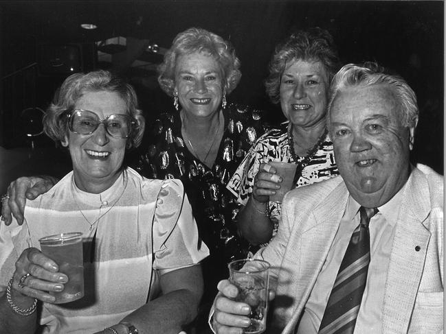 Dorothy Adams, left, Nancy McEwen, Betty Clarke and Ron Williams during 1989 NYE celebrations at the Geelong Yacht Club. Picture: Nicole Brennan