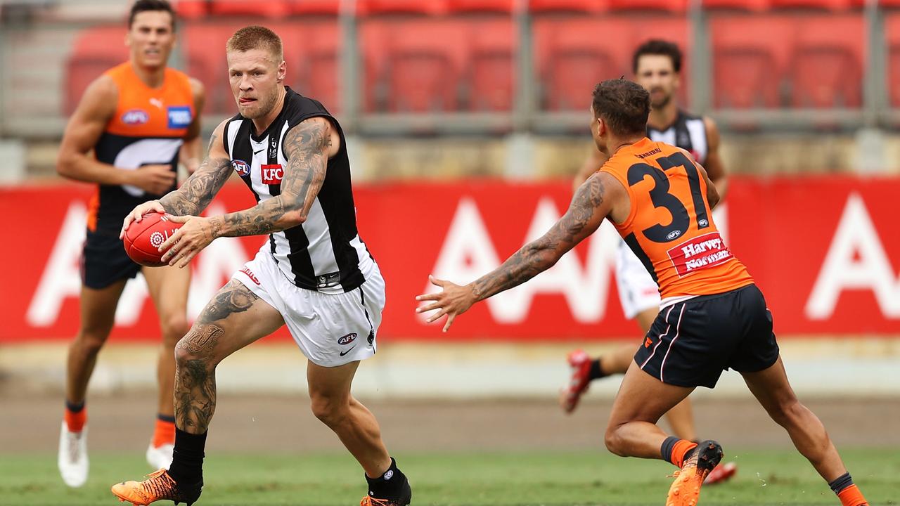 Jordan De Goey in action during the AAMI Series clash with the Giants. Picture: Mark Kolbe/Getty Images