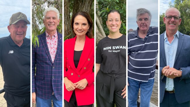 Sunshine Coast mayoral candidates Ashley Robinson, Wayne Parcell, Rosanna Natoli, Min Swan, Michael Burgess and Jason O’Pray.