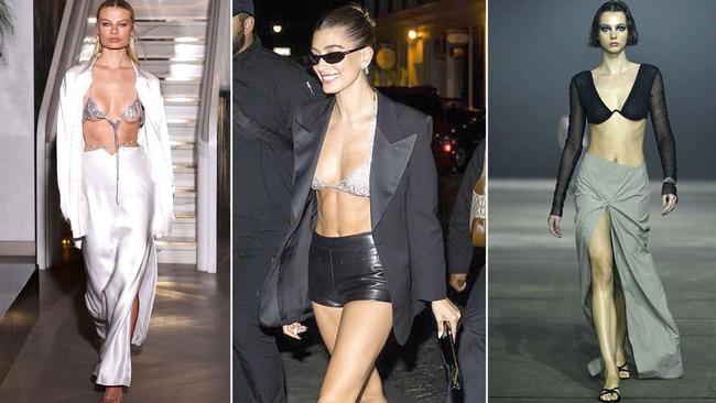 Bralettes and crop tops are defying the seasons, and trending on stars like Hailey Bieber, centre, and on the runway.