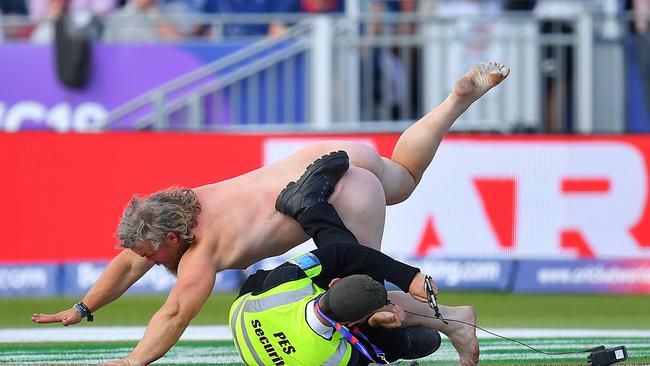 A streaker is seen during the Group Stage match of the ICC Cricket World Cup 2019 between England and New Zealand at Emirates Riverside on July 03, 2019 in Chester-le-Street, England. (Photo by Clive Mason/Getty Images)